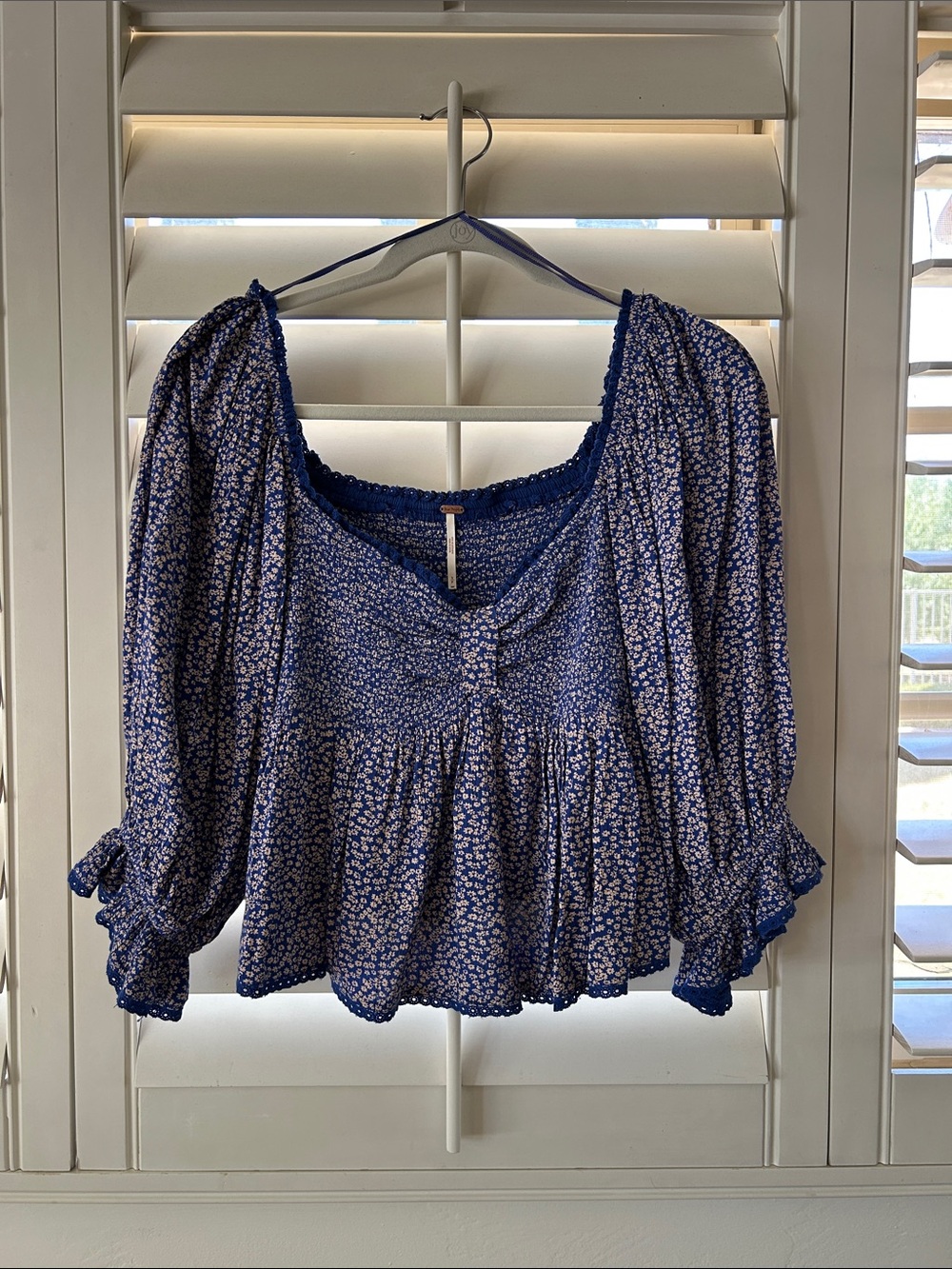 Free People Navy Blue Floral Smocked Peasant Blouse